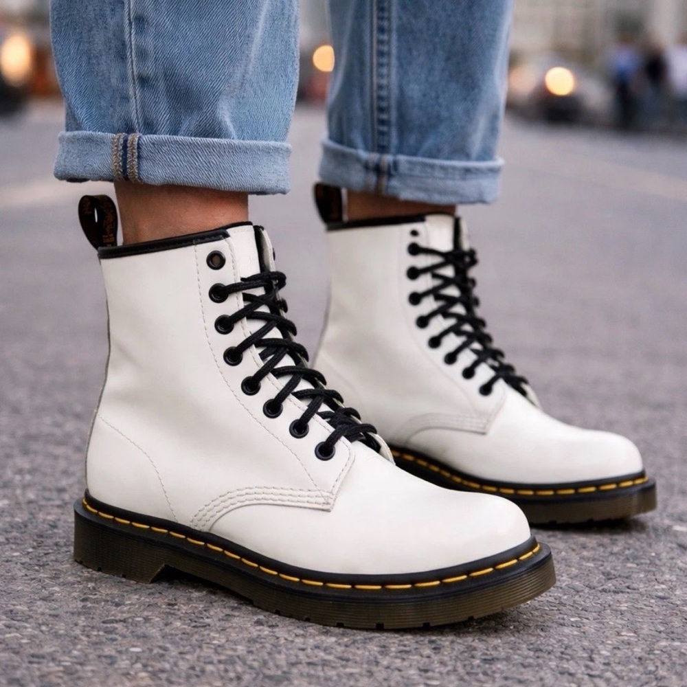 Women’s Dr. Martens 1460 boots in white patent leather